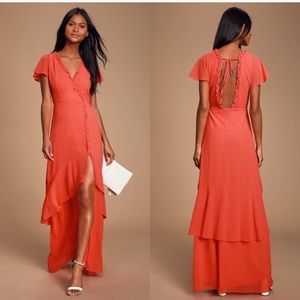 LULU'S | NWT Coral Red Ruffled Backless Maxi Dress